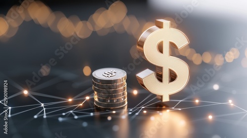 A stack of coins with a Bitcoin symbol next to a large dollar sign, set against a dark background with glowing