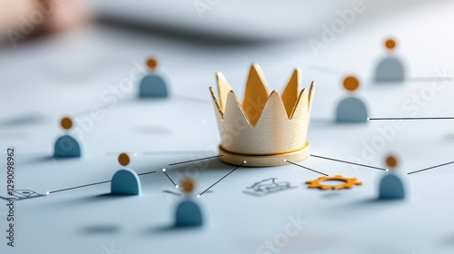 A golden crown is centrally placed on a network diagram, symbolizing leadership or authority in a connected gr