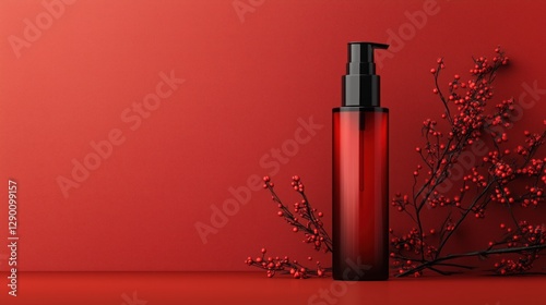 Luxurious red skincare bottle with pump, styled with delicate floral accents on a vibrant red backdrop