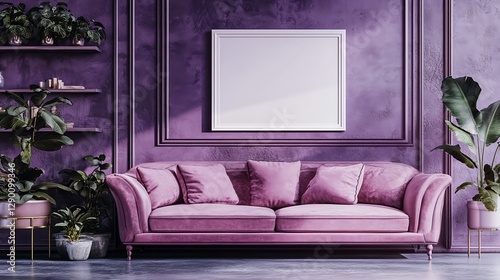 Elegant Purple Living Room with White Frame and Green Plants