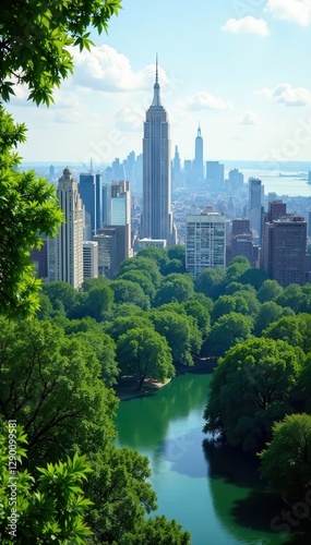 Vibrant green Central Park, towering Manhattan skyline backdrop , photo, nature, august