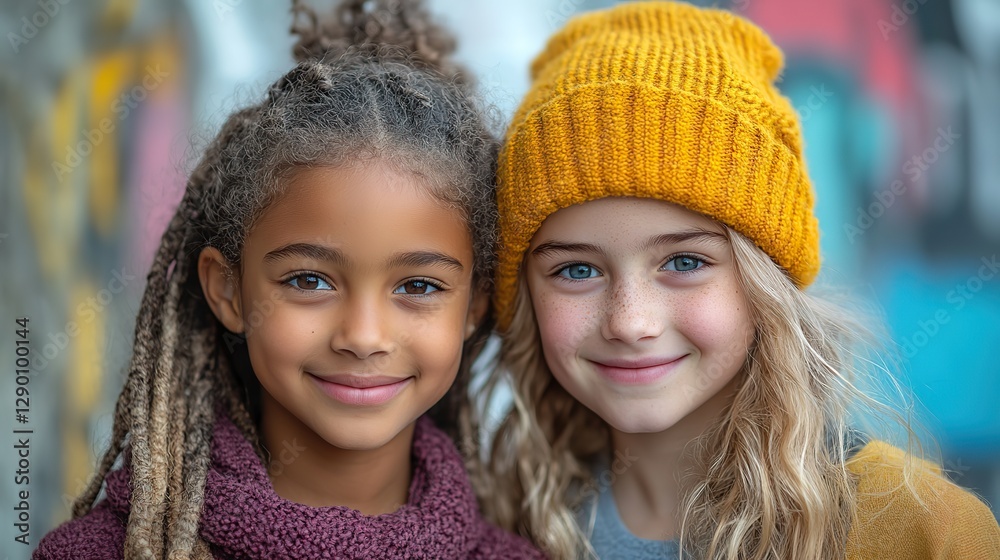Obraz premium portrait of two young girl in front of graffiti wall
