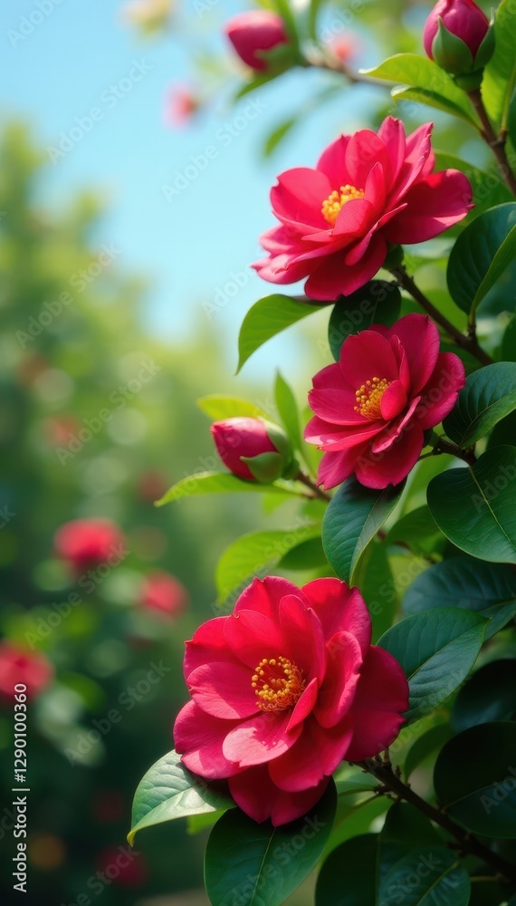 Vibrant red camellia blooms, lush green foliage, clear blue spring sky , red, green Vibrant red camellia blooms, lush green foliage, clear blue spring sky , red, green