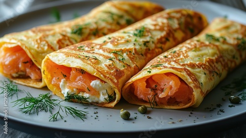 Delicate crepes filled with smoked salmon, cream cheese, and capers, garnished with dill.