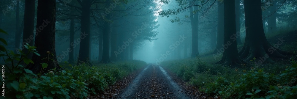 Fototapeta premium Gloomy forest path, shrouded in mist and shadows, twilight, dusk, fog