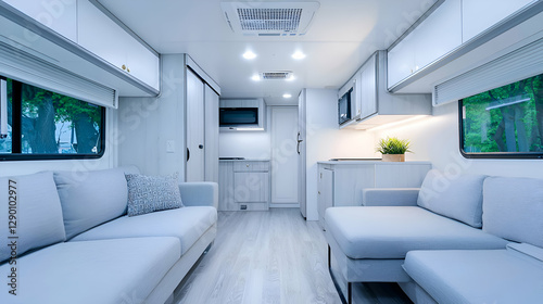 Modern Minimalist RV Interior Design with White and Gray Sofas