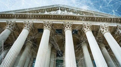 Government building facade with network overlay.
