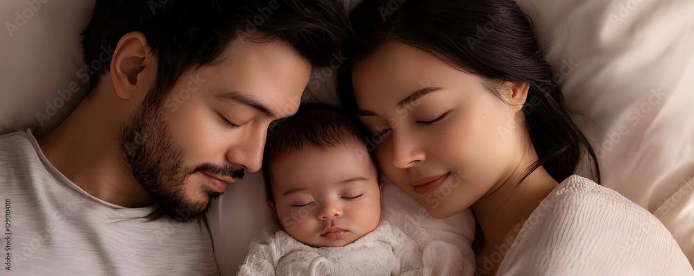Loving Family Bond: Parents and Infant in Serene Moment Together Loving Family Bond: Parents and Infant in Serene Moment Together