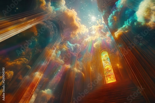 ethereal celestial throne room, crystalline architecture bathed in divine golden rays, clouds and prisms creating rainbow light, atmospheric perspective