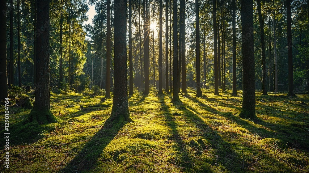 Obraz premium Sunlit Forest Moss, Trees, Shadows
