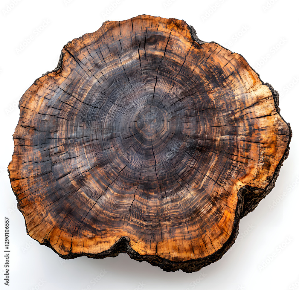 Cross-section of a tree trunk, showcasing its intricate rings and rich, dark wood tones against a bright white background. Cross-section of a tree trunk, showcasing its intricate rings and rich, dark wood tones against a bright white background.