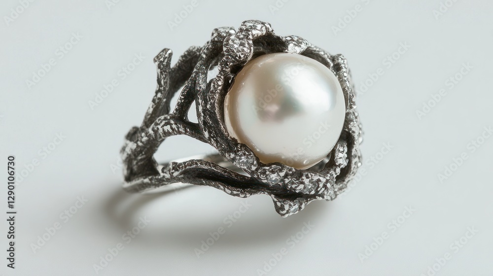 Elegant silver ring featuring a large pearl in a nature-inspired design Elegant silver ring featuring a large pearl in a nature-inspired design