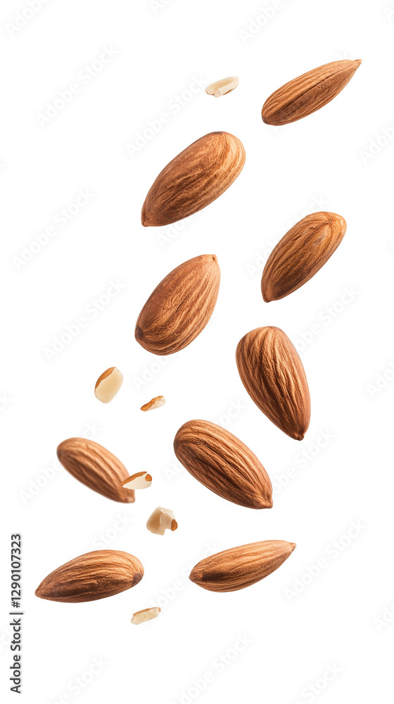 flying almonds isolated on transparent white background, clipping path flying almonds isolated on transparent white background, clipping path