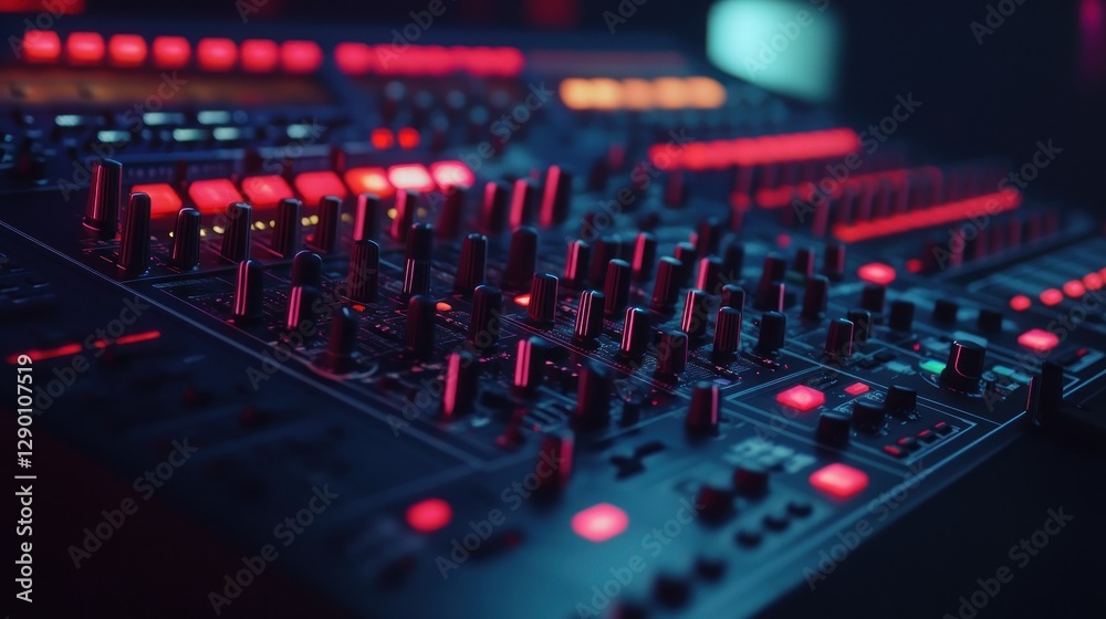 Colorful electronic music mixer with glowing controls at night Colorful electronic music mixer with glowing controls at night