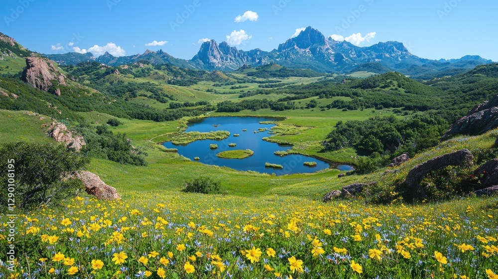 Obraz premium Mountain valley wildflowers summer lake scenic landscape travel poster