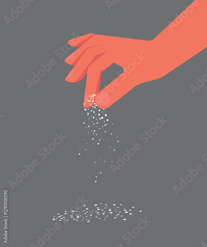 Hand salting food. Pinch of salt. Vector illustration in cartoon flat style. Sprinkle spices. stock illustration
