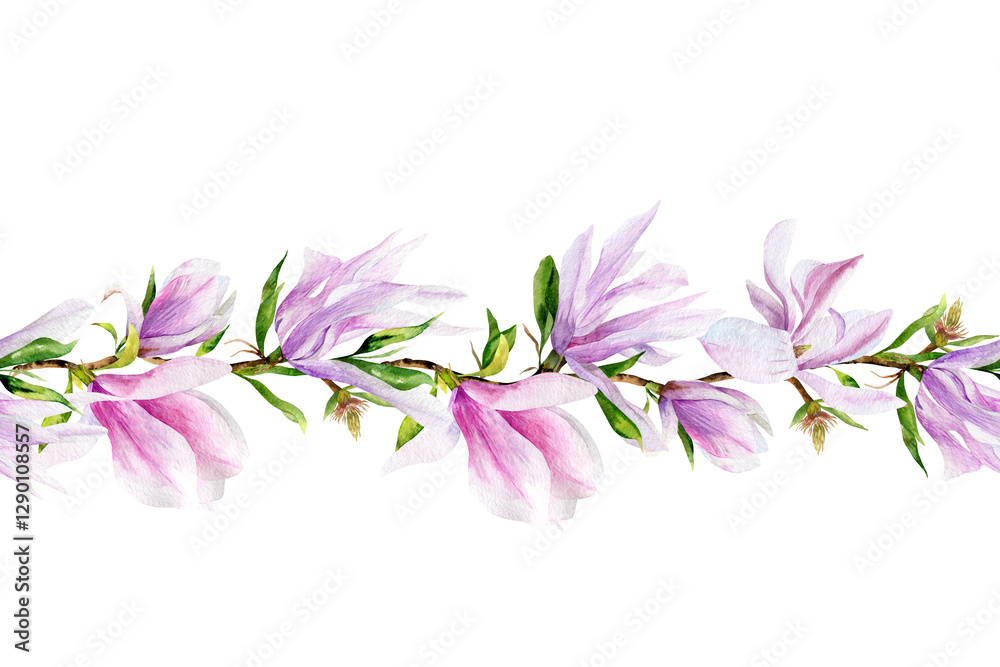 Obraz premium Springtime seamless floral decoration border. Hand drawn magnolia flower. Botanical illustration.
