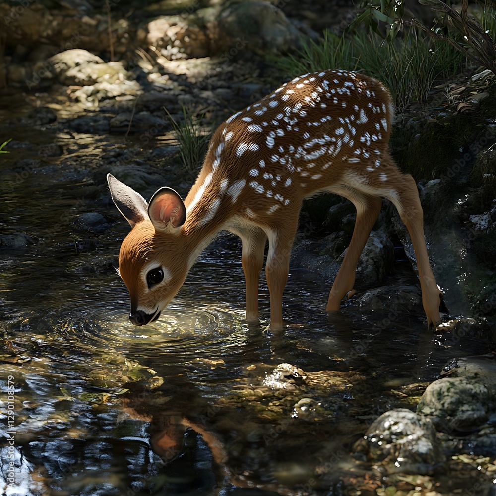 White-tailed Fawn Drinking from a Creek White-tailed Fawn Drinking from a Creek