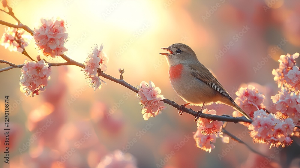 Bird singing on blossoming branch, sunset garden Bird singing on blossoming branch, sunset garden