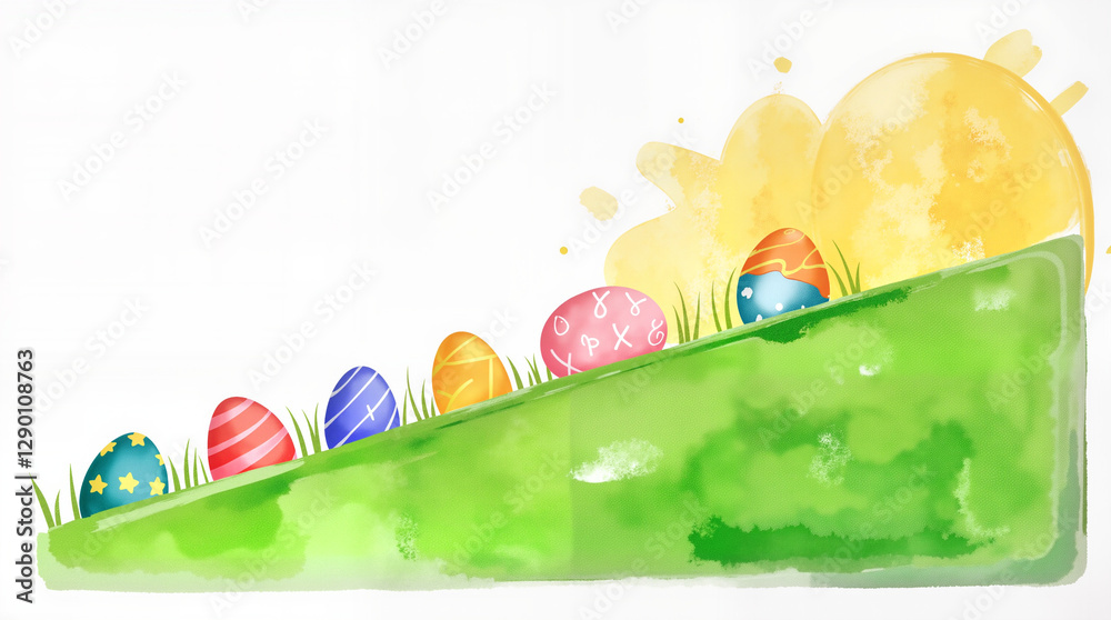 Colorful Easter eggs rolling down a sunny garden slope, spring joy