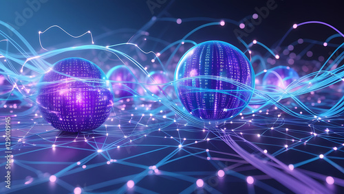  Blockchain data fields. Network line connect stream waves, created by generative ai