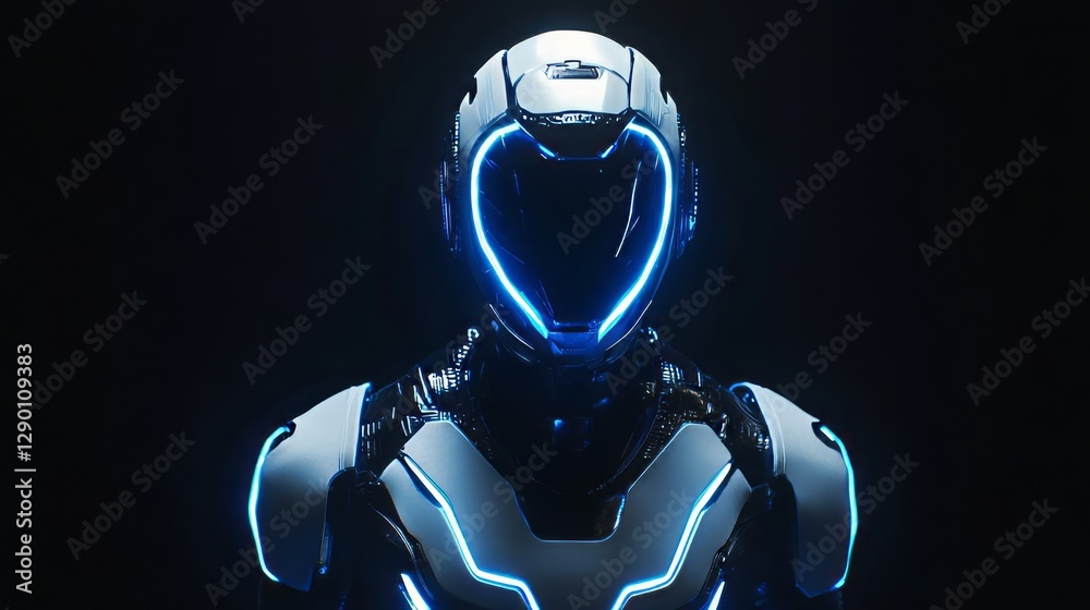 Futuristic Cybernetic Humanoid Robot With Neon Blue Accents. AI Concept For Technology, Virtual Reality, And Sci-Fi Themes. Futuristic Cybernetic Humanoid Robot With Neon Blue Accents. AI Concept For Technology, Virtual Reality, And Sci-Fi Themes.