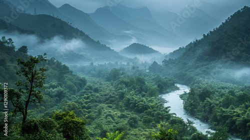River Winding Through a Misty Mountain Valley