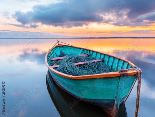 Serene Sunset Over Calm Waters with a Vibrant Blue Fishing Boat and Fishing Net