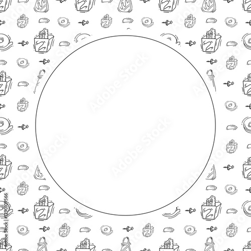 artist tool frame. doodle art supplies circle frame. hand drawn artist kit frame background. art material background