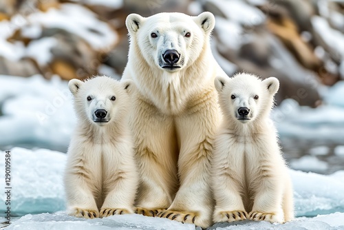 A mother polar bear and her two cubs sitting on ice, with a snowy landscape in the background photo