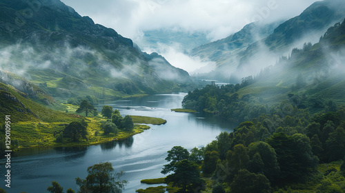 River Winding Through a Misty Mountain Valley