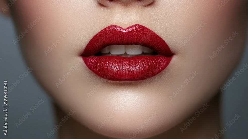 Close-up of perfectly shaped lips showcasing bold red lipstick Close-up of perfectly shaped lips showcasing bold red lipstick