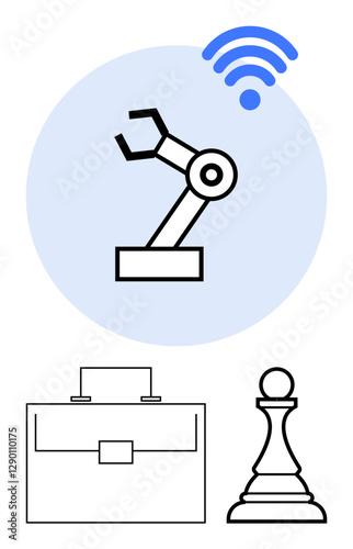 Robotic arm highlights automation and connectivity. Chess pawn suggests strategy and planning. Briefcase relates to business and professional growth. Ideal for tech, AI, industry, strategy