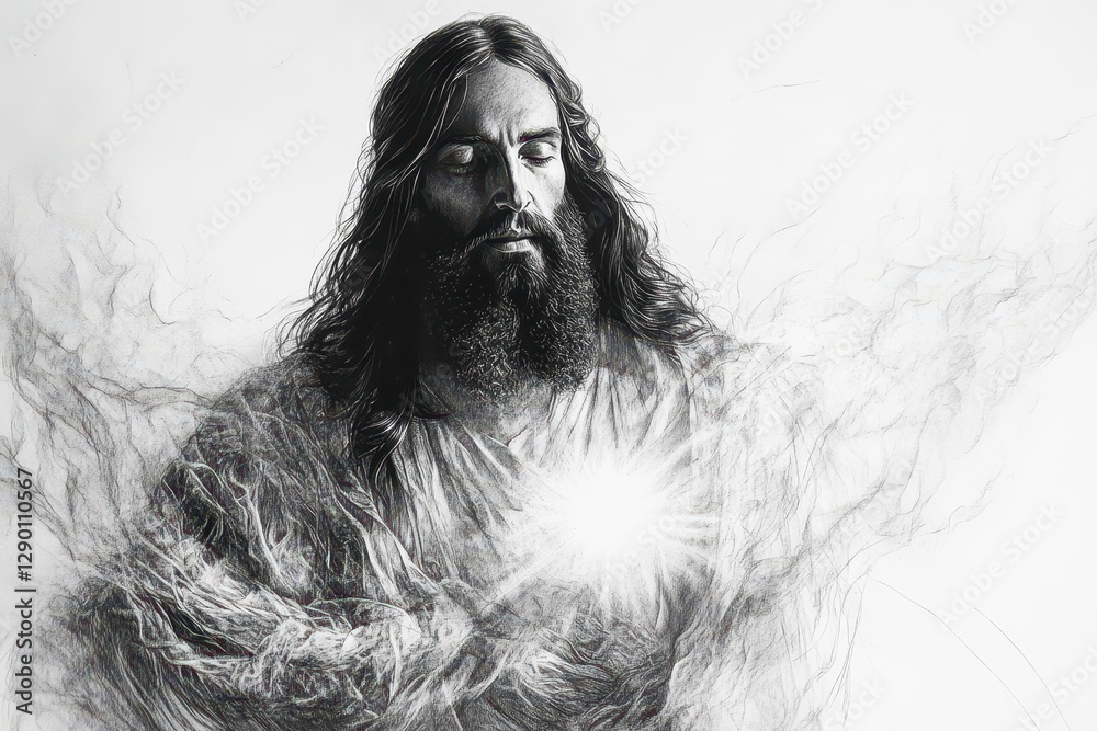 Fototapeta premium ethereal portrait of jesus with flowing robes radiating divine light, rendered in hyperrealistic graphite technique with intricate details and atmospheric shadows