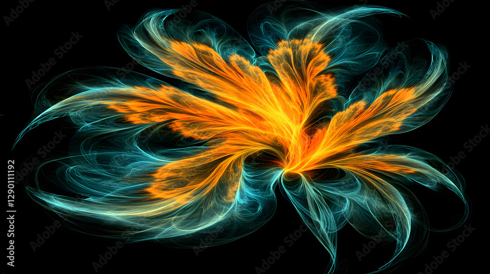 Flower shape created with swirling orange and blue smoke against a dark background Flower shape created with swirling orange and blue smoke against a dark background