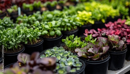 Colorful seedlings in pots, greenhouse setting photo