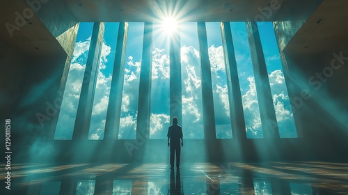 silhouette of jesus in worship standing in a room with large windows