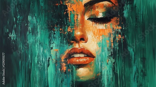 Wallpaper Mural Abstract portrait of a woman's face, painted with teal and orange hues, eyes closed. Torontodigital.ca
