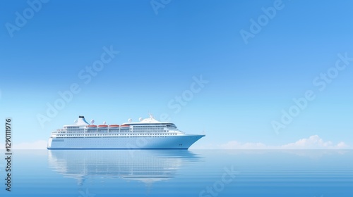 A cruise ship sailing on calm waters, right empty space, soft sky-blue background, generative ai illustration