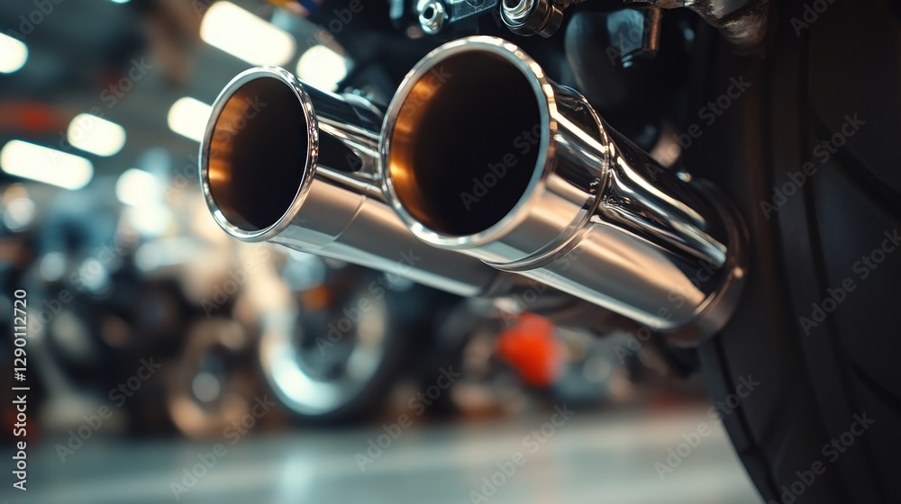 Fototapeta premium Close-up of shiny motorcycle exhaust pipes in garage
