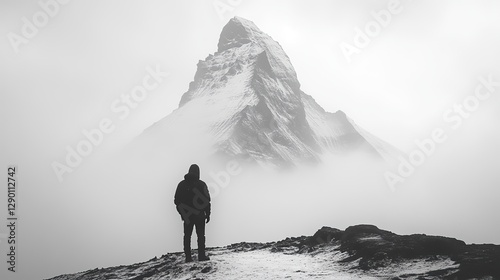 solitary ascent black and white image of a man standing in front of a snowy mountain