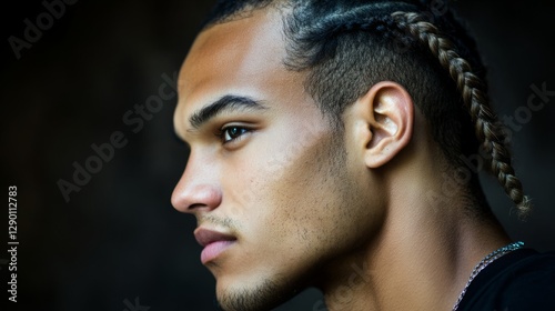 Man with cornrows exudes strength and focus, captured in dramatic side lighting.

