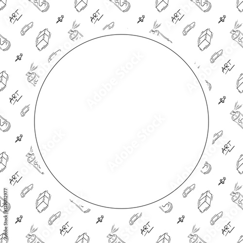 artist tool frame. doodle art supplies circle frame. hand drawn artist kit frame background. art material background