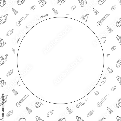 artist tool frame. doodle art supplies circle frame. hand drawn artist kit frame background. art material background