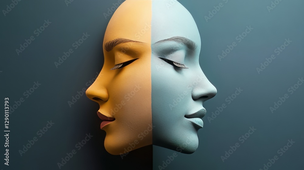 Split Face Mask Concept. Dual Mood Or Personality. Split Face Mask Concept. Dual Mood Or Personality.