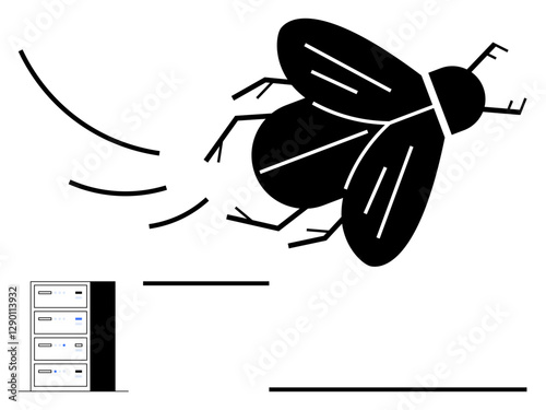 Large bug flying near a server rack with motion lines, symbolizing software bugs, data security, or system glitches. Ideal for tech troubleshooting, debugging, IT solutions, network issues, or