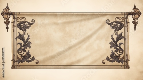 A decorative banner flag with intricate patterns, right empty space, pale ivory background, generative ai illustration