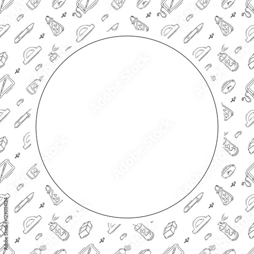 artist tool frame. doodle art supplies circle frame. hand drawn artist kit frame background. art material background