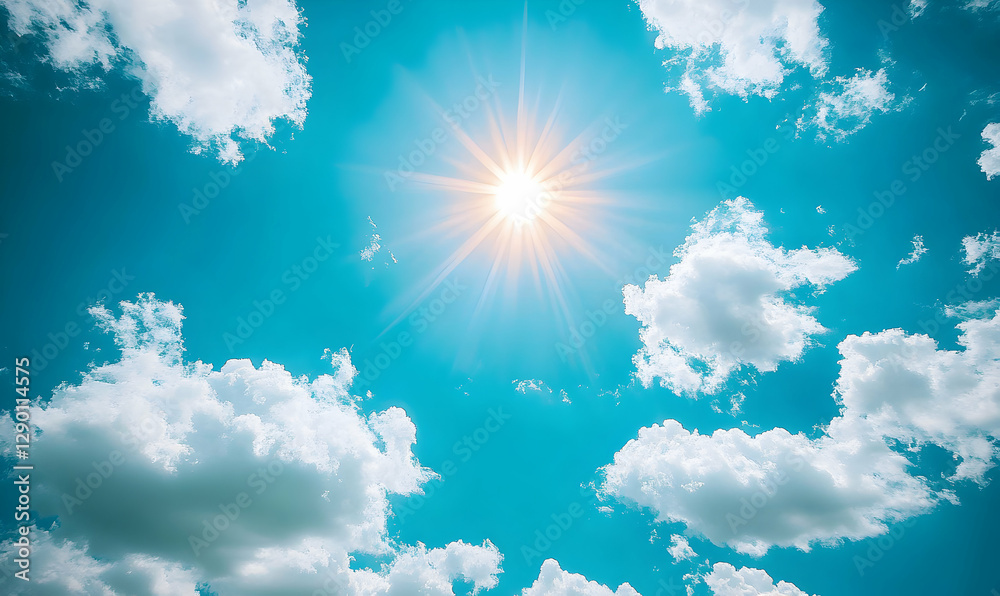 Vibrant summer sky with fluffy white clouds and bright sun. Perfect for backgrounds, travel, and summer themes. Vibrant summer sky with fluffy white clouds and bright sun. Perfect for backgrounds, travel, and summer themes.