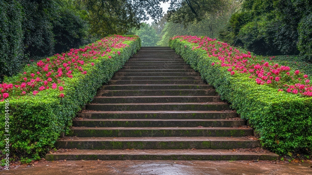 Park steps, flowered borders, misty day Park steps, flowered borders, misty day